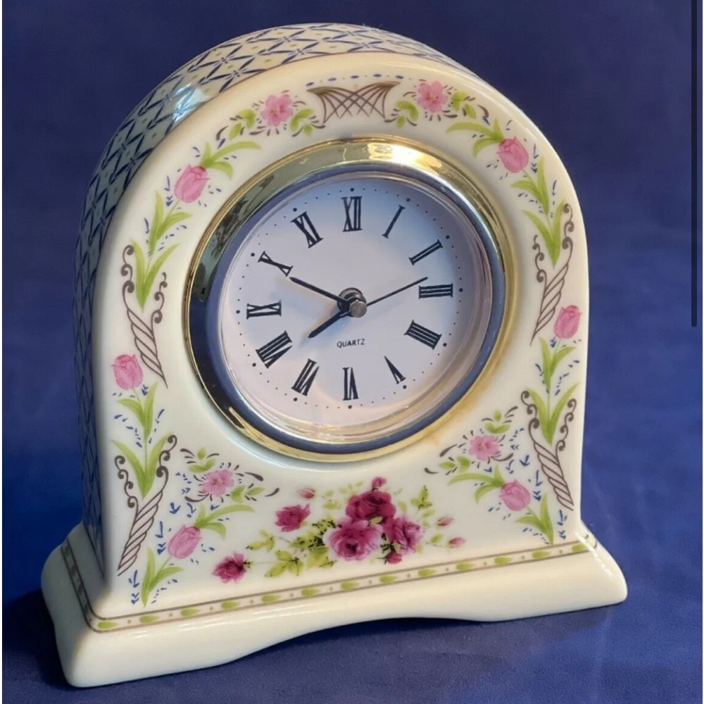 JJI International Porcelain Desk Clock Works Vintage Quartz Colorful Floral